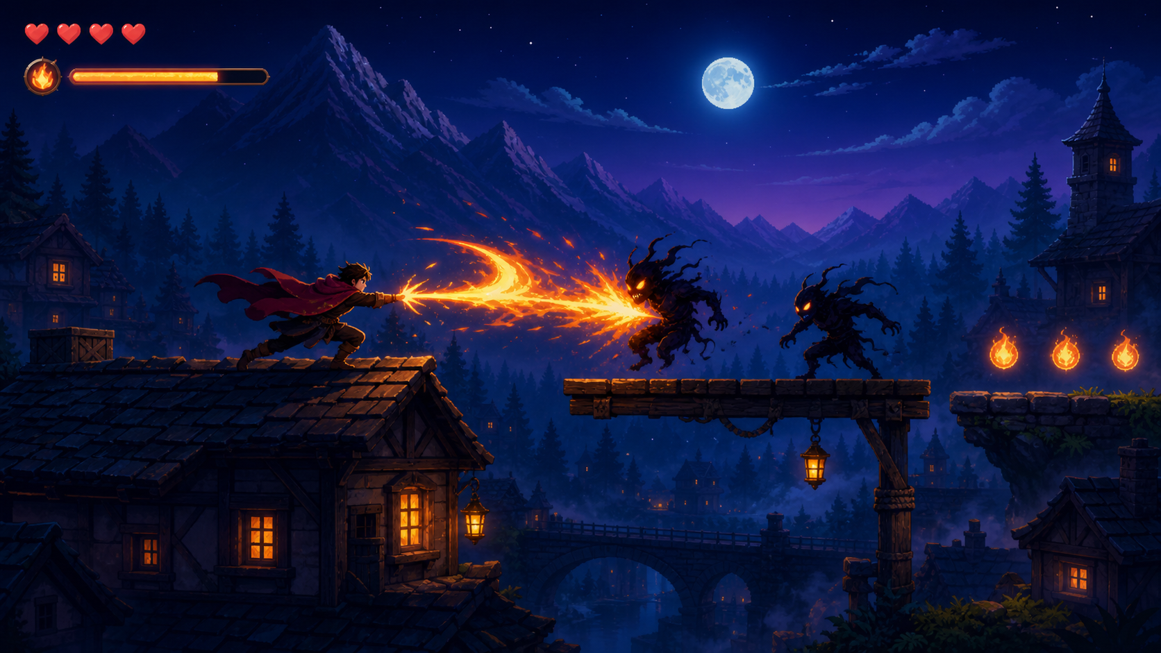 Alex Revenge action scene with Alex using flame powers against shadow creatures