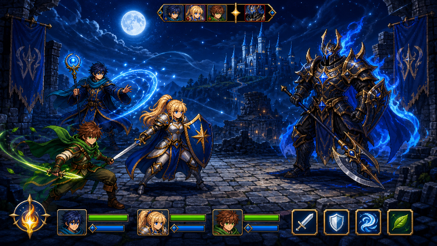 Chronicles of Windmere turn-based battle with Wren, Cadence, and Tobin facing an enchanted armored foe