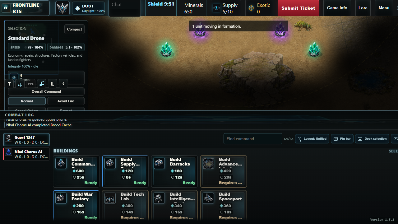 FrontLine RTS battlefield showing two armies fighting for a central command objective