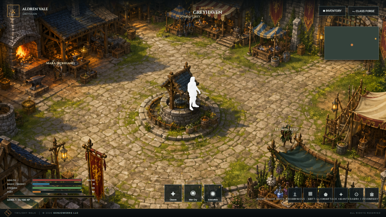 Twilight Walk tactical encounter with three adventurers confronting two undead enemies in a torchlit ruined arena